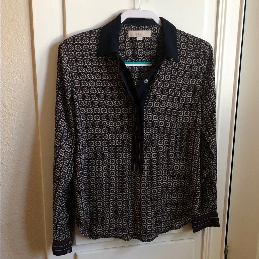 LOFT Navy and Cream Geometric Blouse
